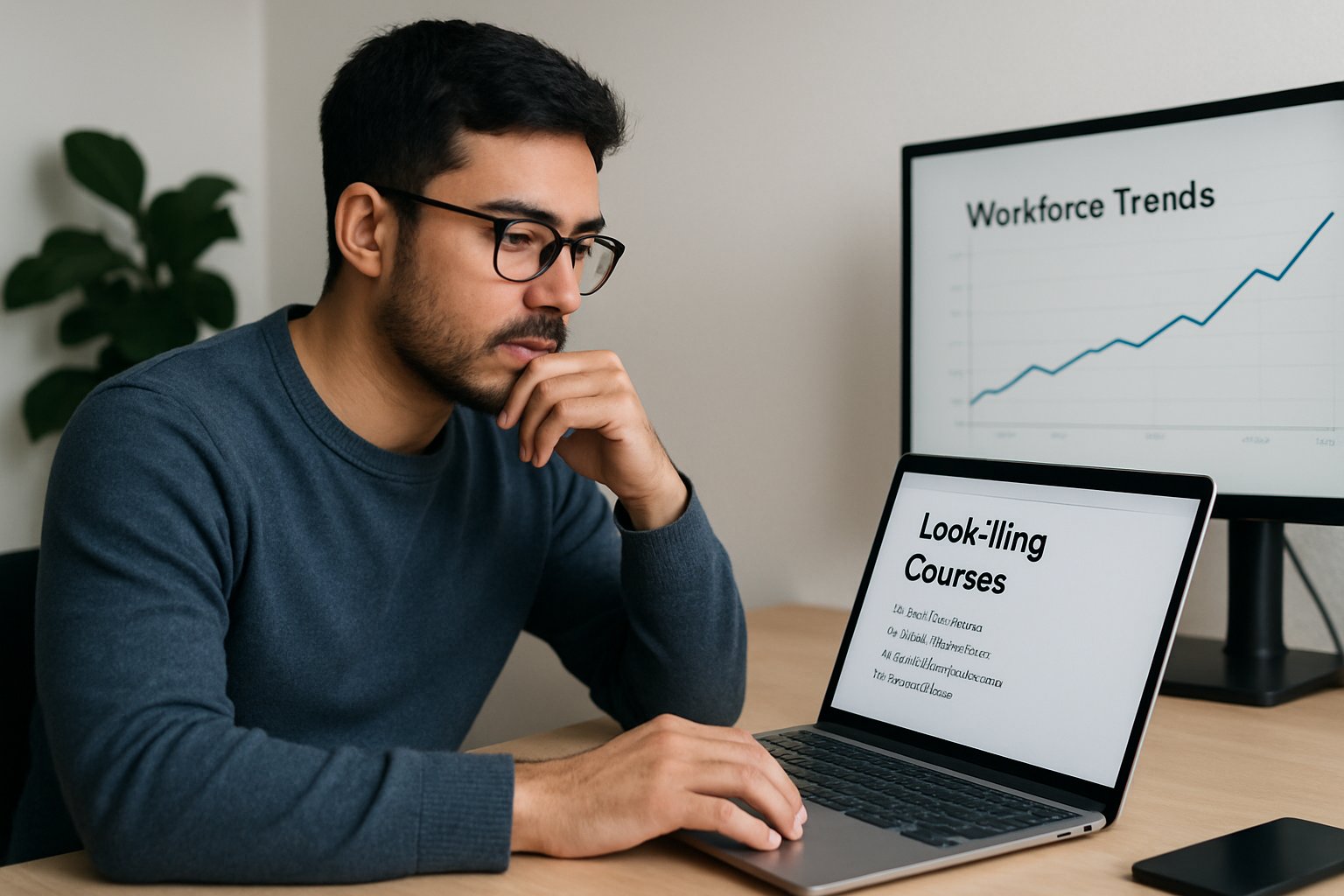 Job Displacement causes a tech worker to consider upskilling in modern office.