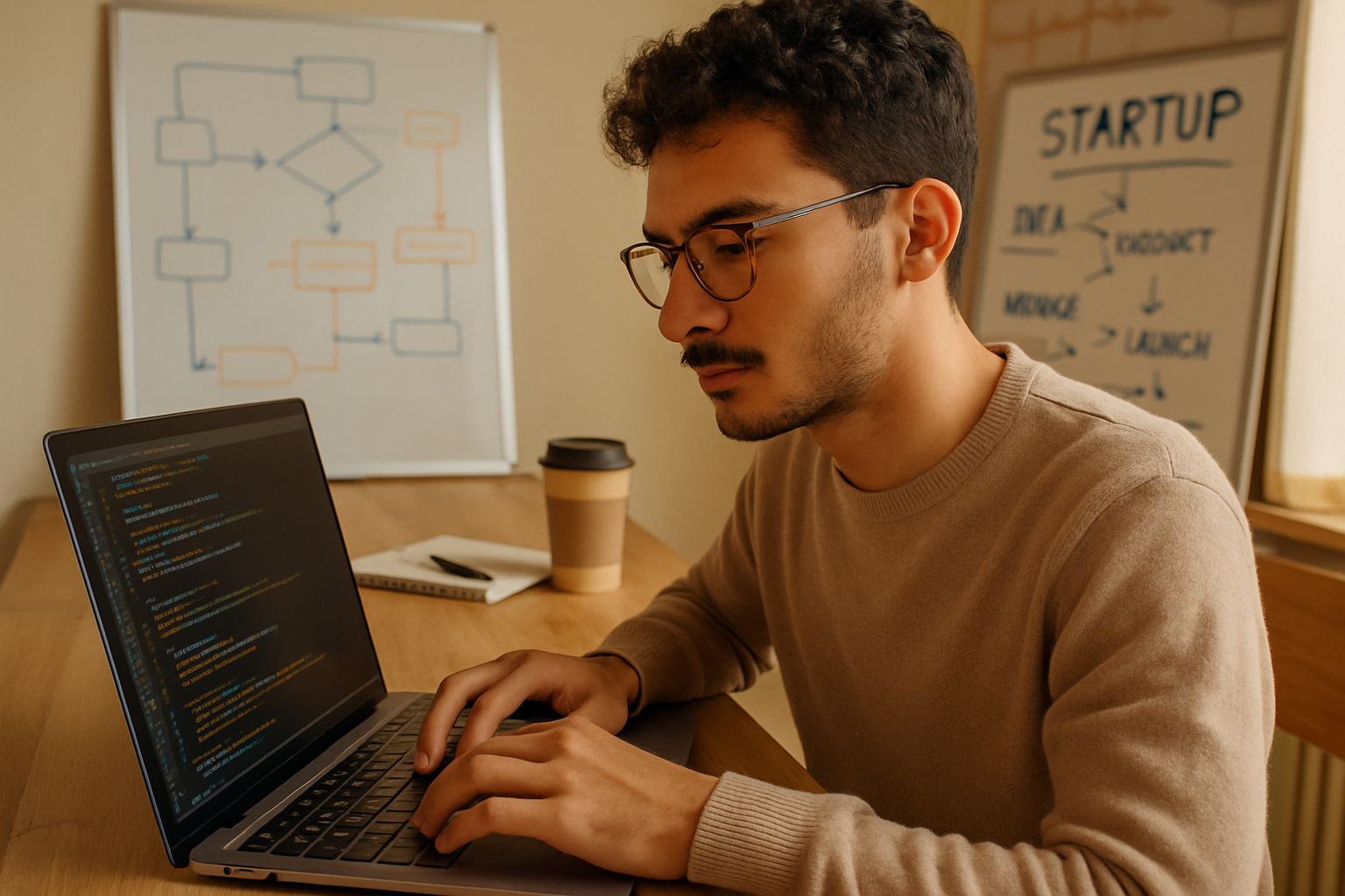 World Model Funding technology development at a startup workspace with software engineer coding.