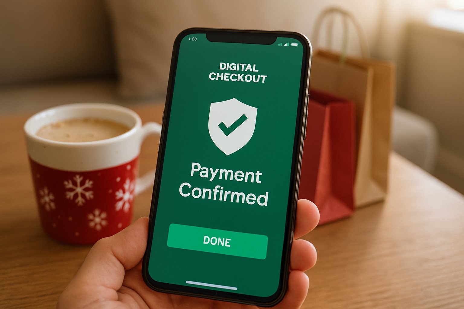 Digital Checkout app confirms a holiday purchase on smartphone.