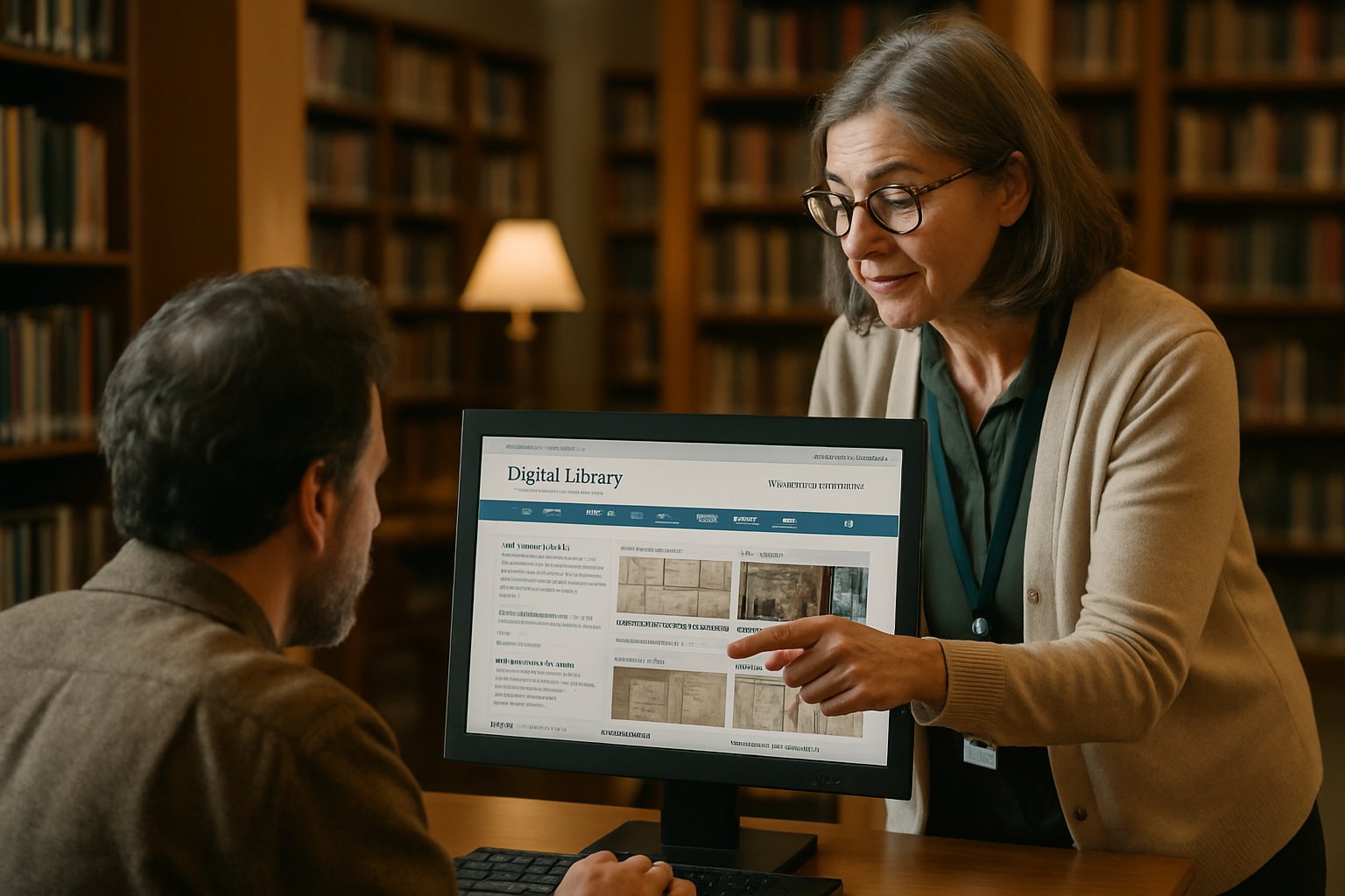 Librarian helping researcher use Multilingual Knowledge Access digital library tools