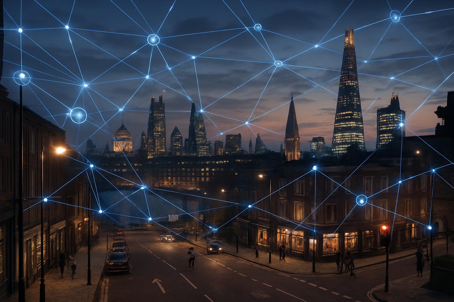 State Surveillance Reach visualized by digital data connections across the London skyline