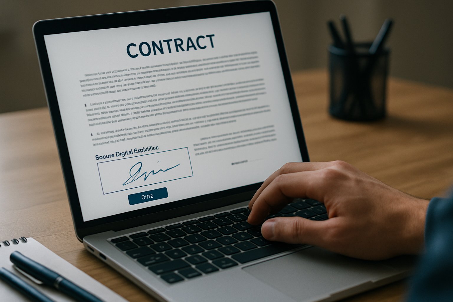 Laptop contract signing illustrating Autonomous Execution and digital safeguards