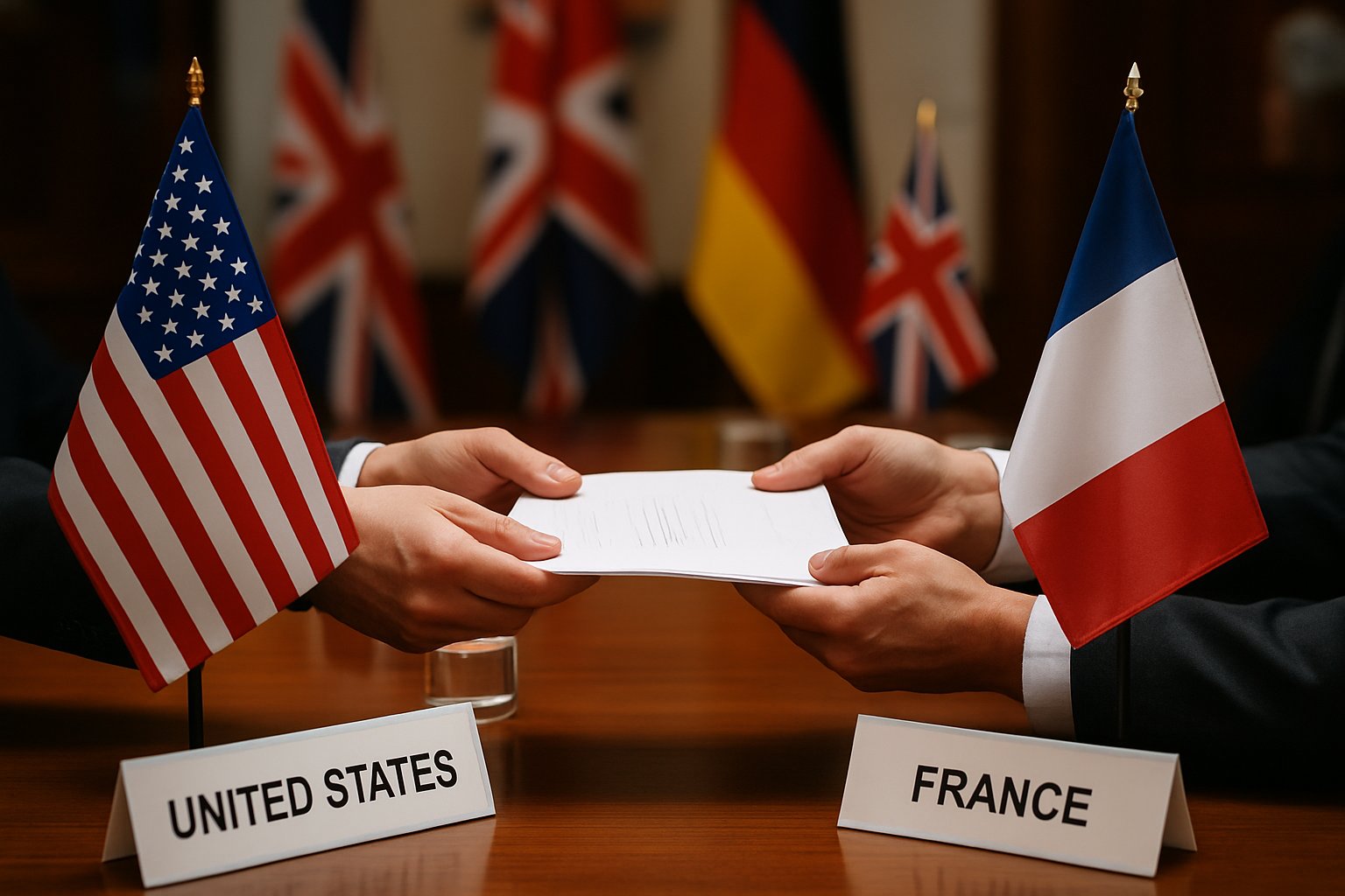 Diplomatic Dialogue between nations exchanging documents at a formal meeting.
