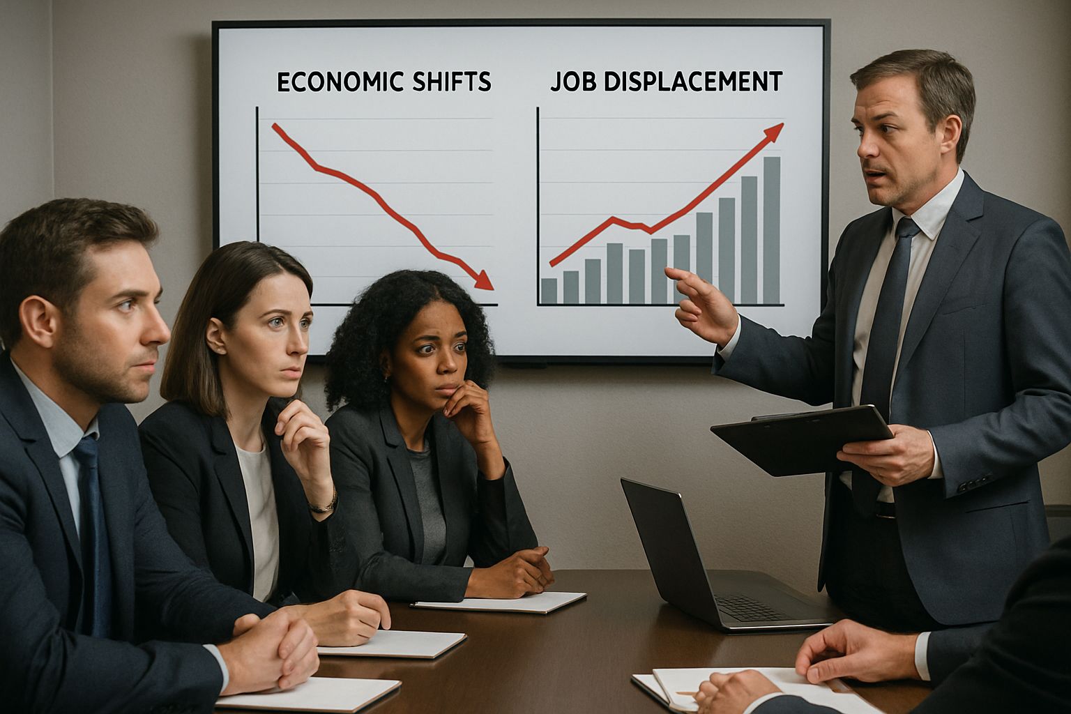 Business team discusses AI Economic Risk in job displacement during a meeting.