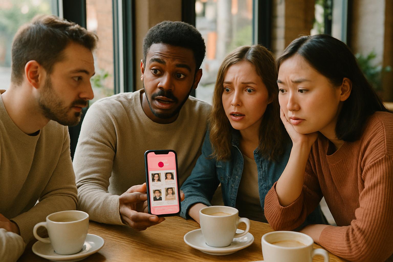 Friends discuss AI Matchmaking Burnout in a coffee shop setting.