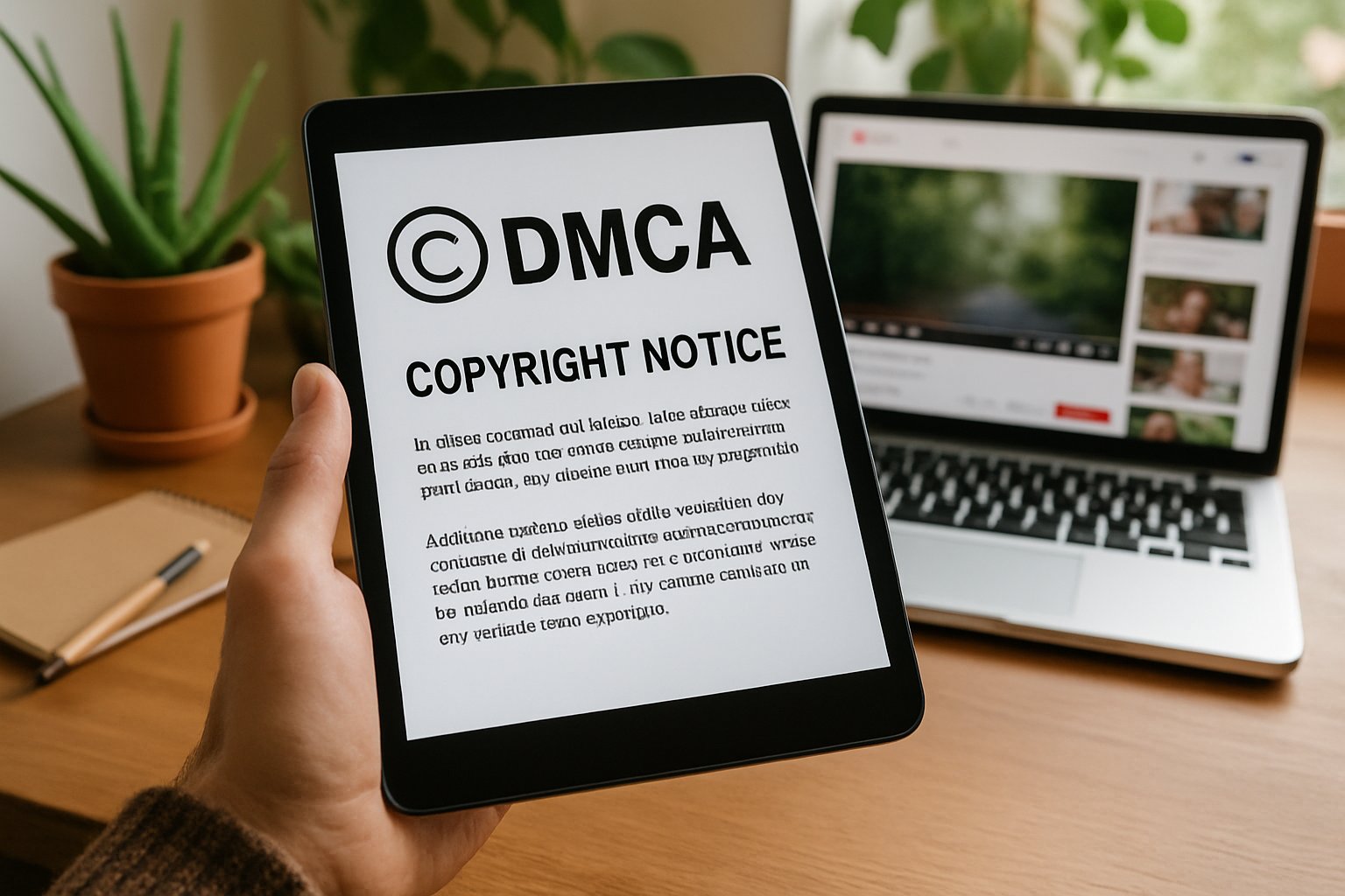 Person examines DMCA copyright notice amid YouTube Training Scrutiny concerns.