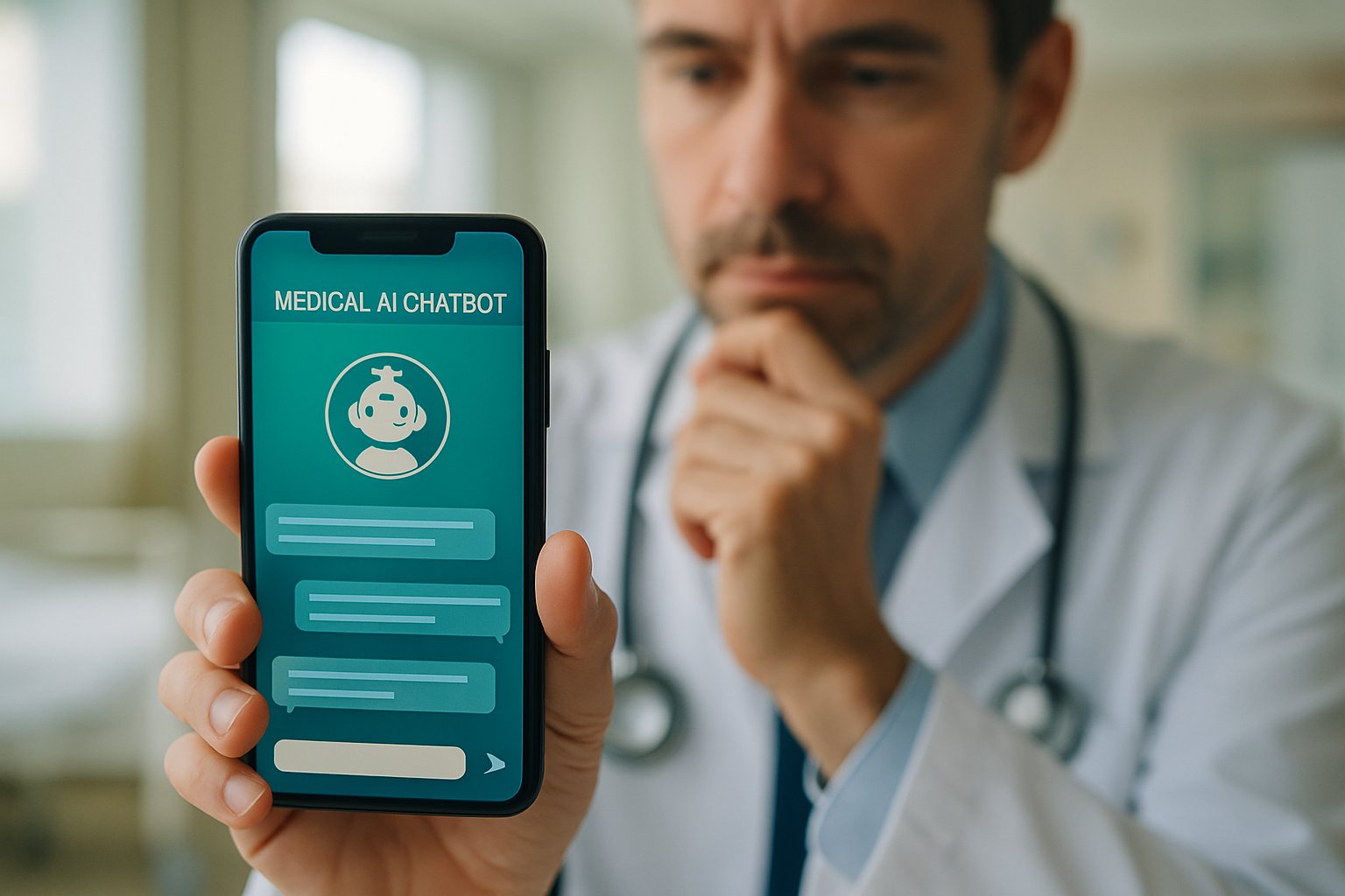 Doctor reviewing Clinical Algorithm Bias on medical chatbot interface.