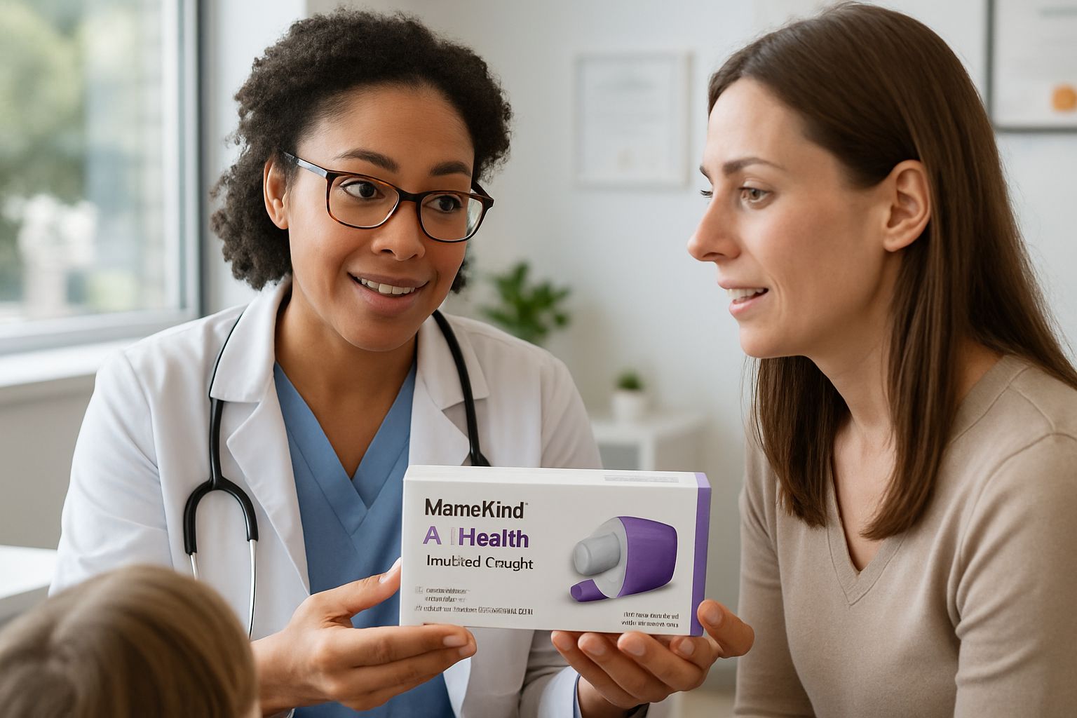 Doctor explaining MannKind AI Health inhaled insulin to parent and child