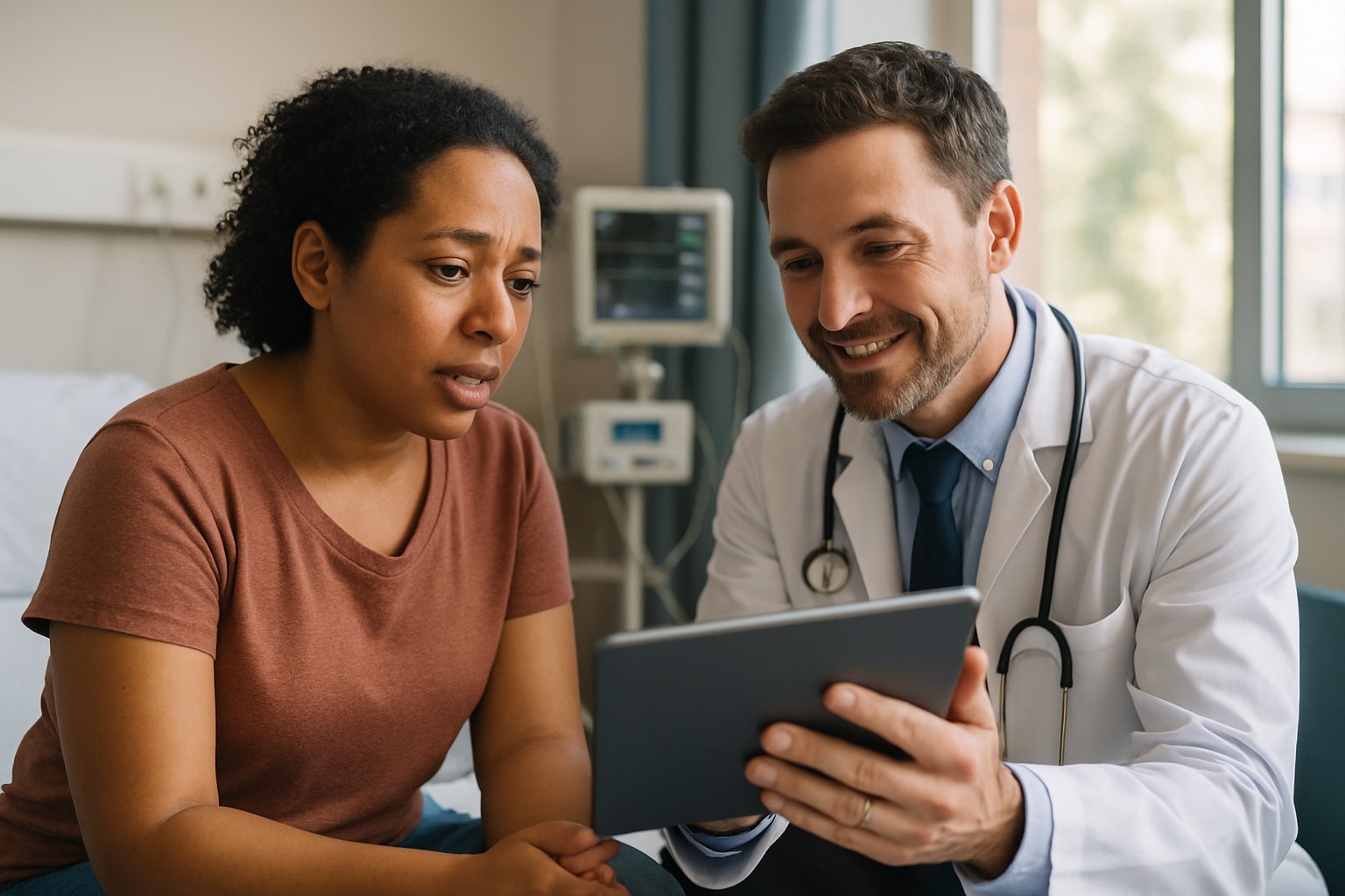 Physician and patient using tablet during Health Systems Modernization consultation.