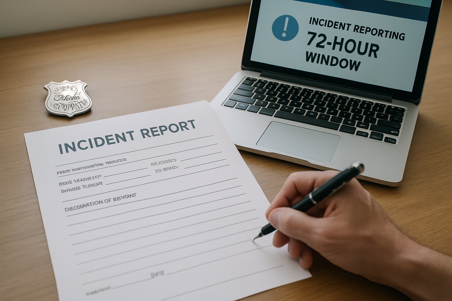 Federal Incident Compliance incident report form and 72-hour rule notification in office.