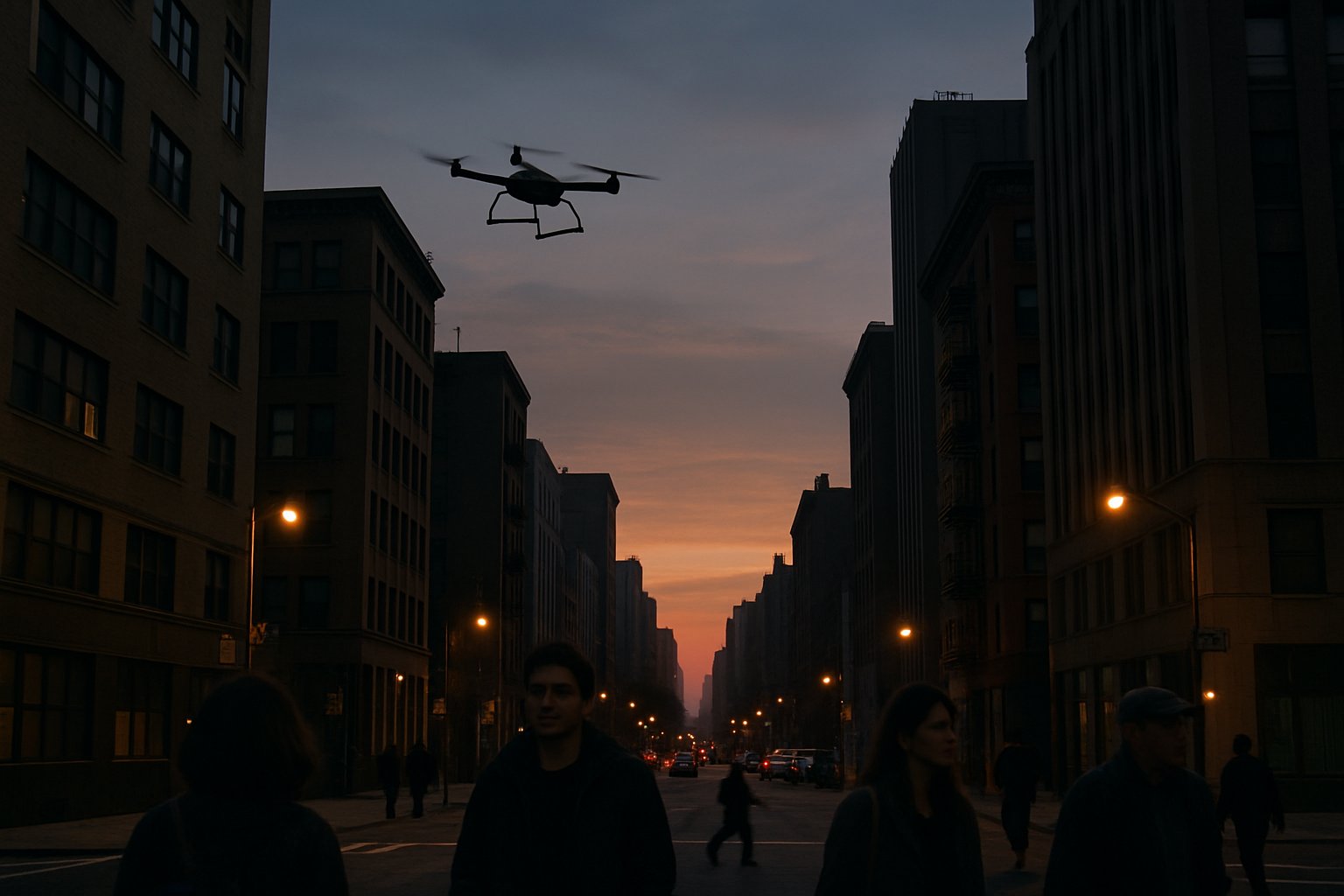 Urban scene highlights Warfare Ethics Failure with autonomous drones.