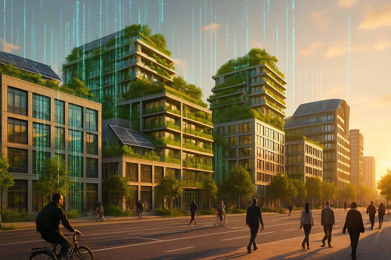 City embodying Sustainability Data Secret with eco-buildings and AI data visuals.