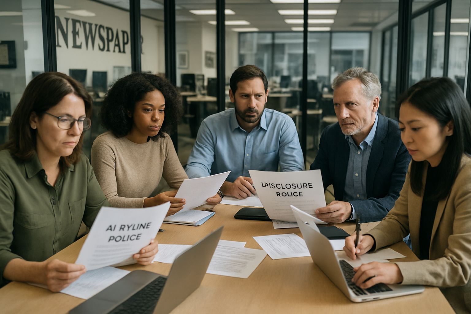 Editorial team debates AI bylines and Journalism Transparency in a professional meeting.