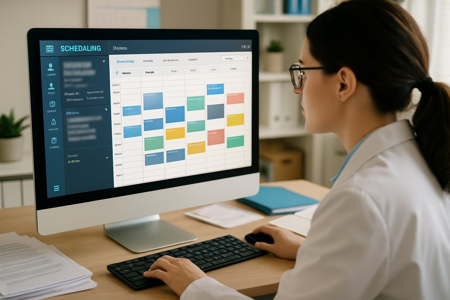 Medical staff uses new Patient Access Innovation software for efficient scheduling.