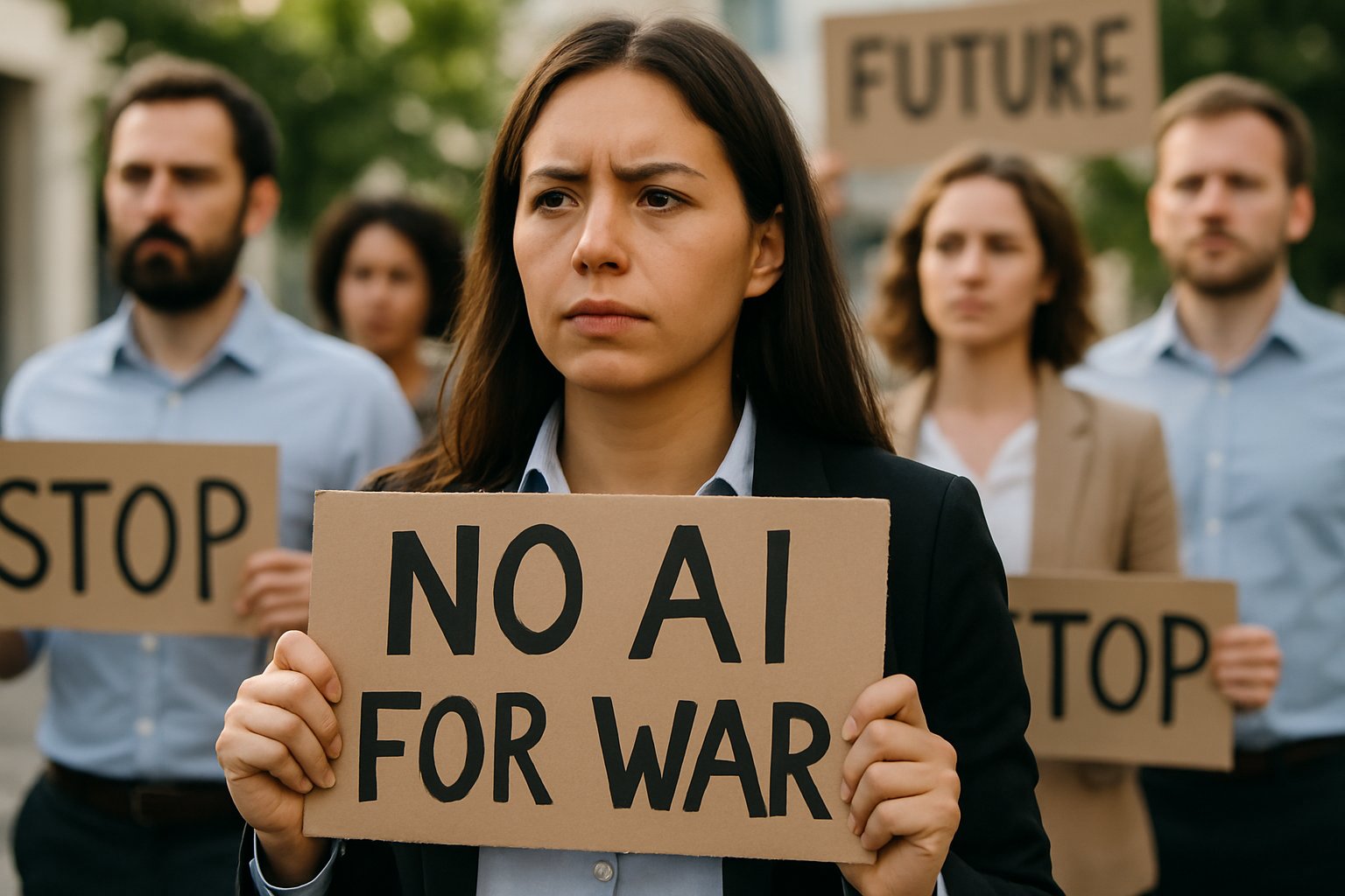 Workers Protest with employees holding anti-military AI banners at demonstration.
