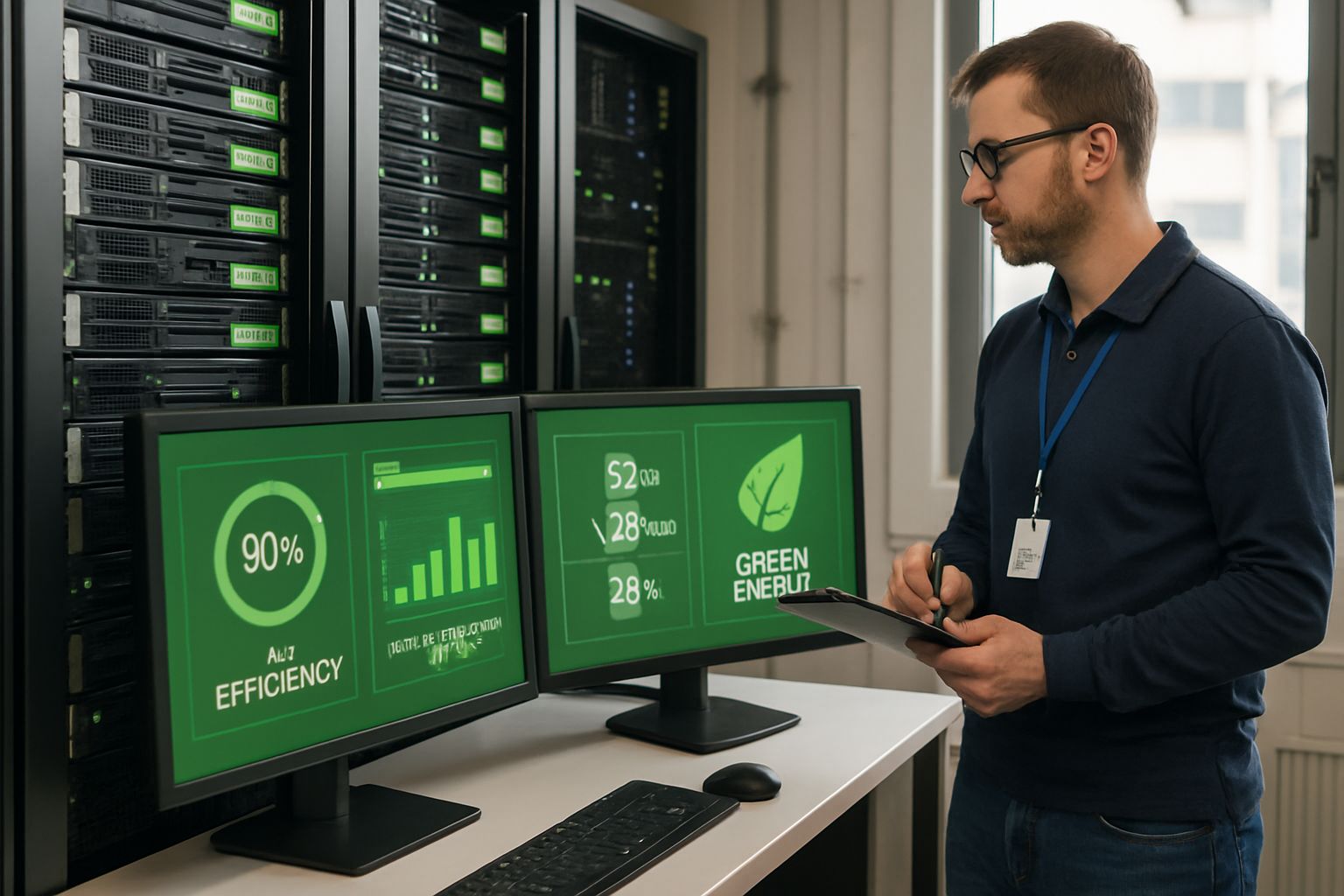 Technician reviews energy-efficient server infrastructure for Sustainable AI operations.