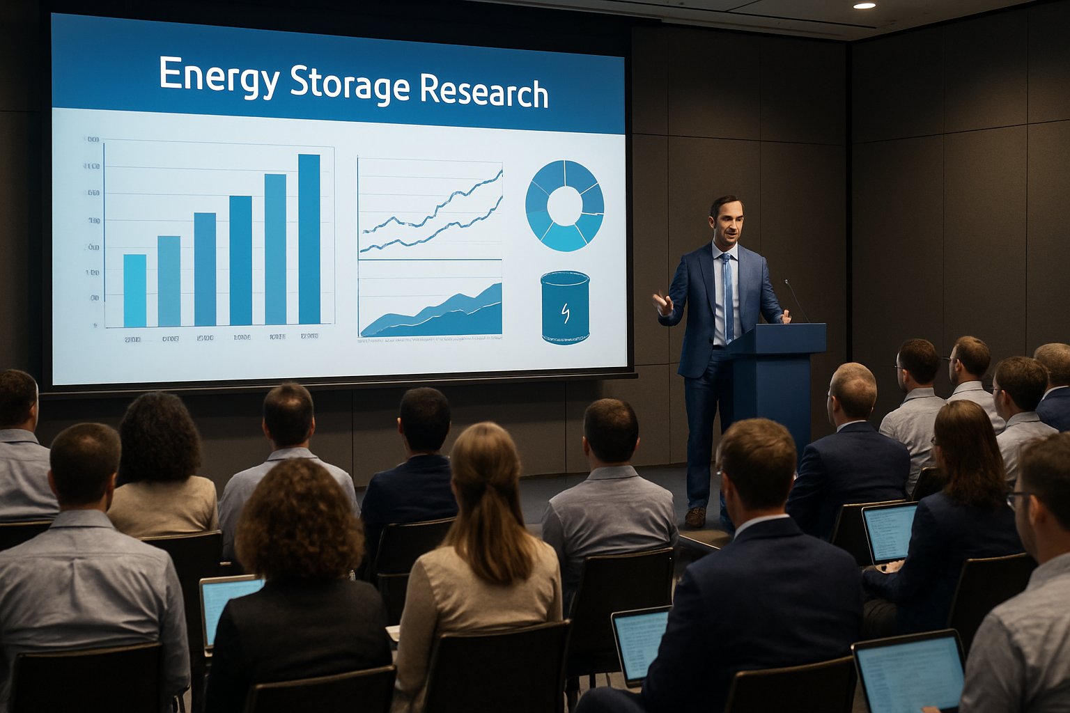 Industry professionals attending an Energy Storage Research event presentation.