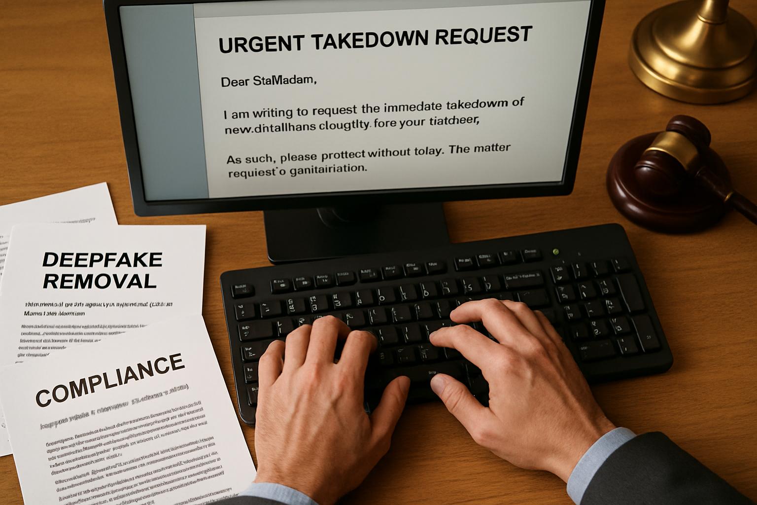Legal advisor drafts takedown notice about Deepfake Platform Liability enforcement.
