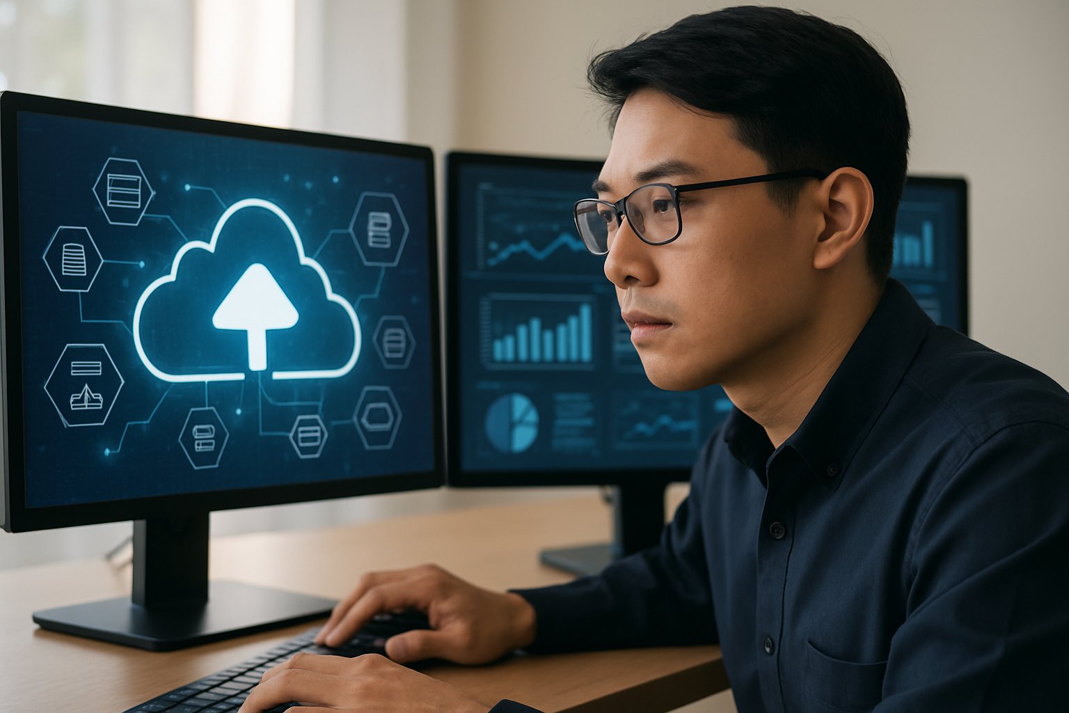 Engineer working on Alibaba AI Growth solutions with cloud interface visible.