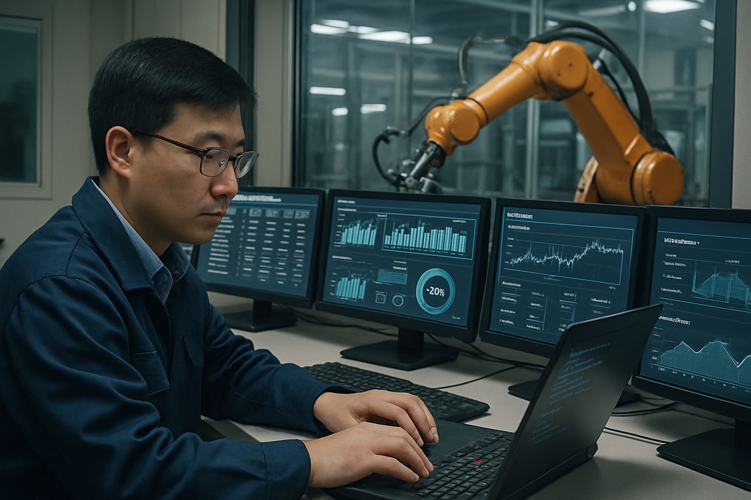 Industrial Robotics Revolution shown by Chinese engineer programming factory robot.