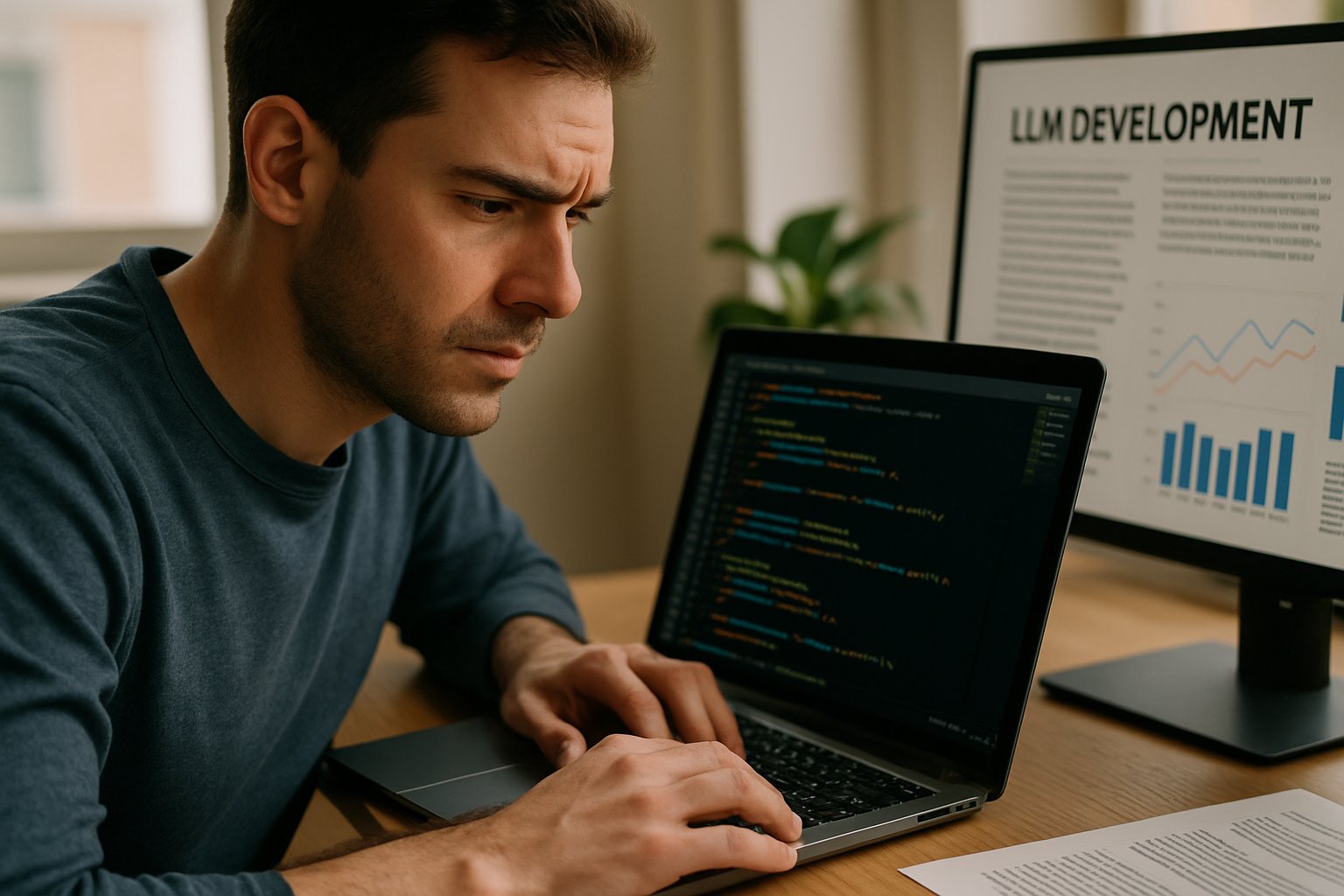 Engineer facing challenges in LLM Development at a workspace.