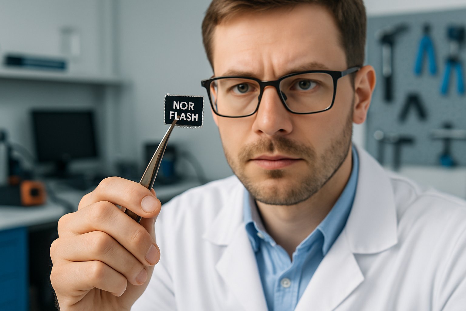Engineer handling NOR Flash for AI Hardware Storage in lab.