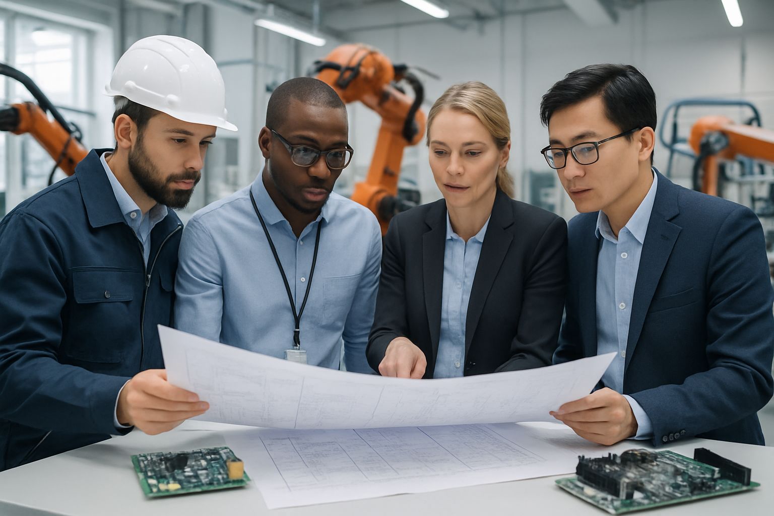Engineers collaborating in a robotics lab addressing Global Supply Monopoly.