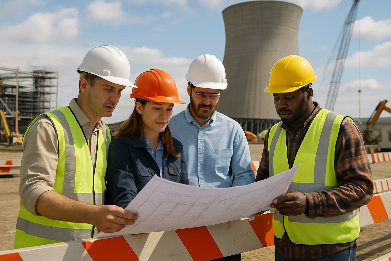 Engineers discuss Wyoming Nuclear Reactor blueprints at the construction site.