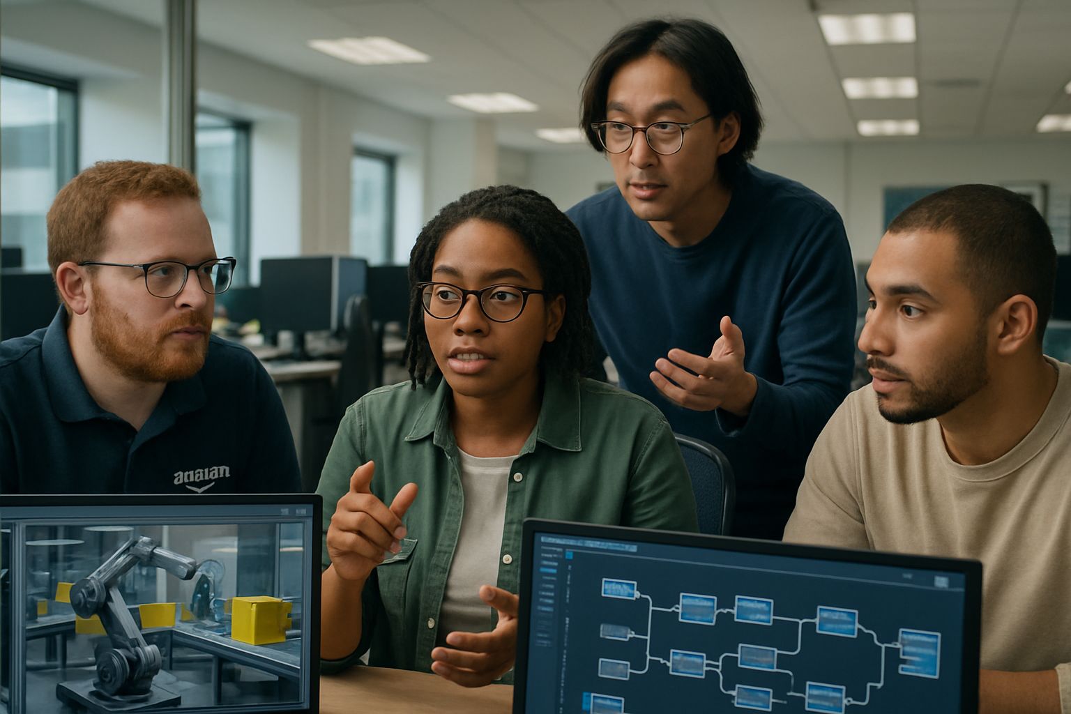 Amazon engineers discussing automation reflecting Automation Labor Shift advancements.