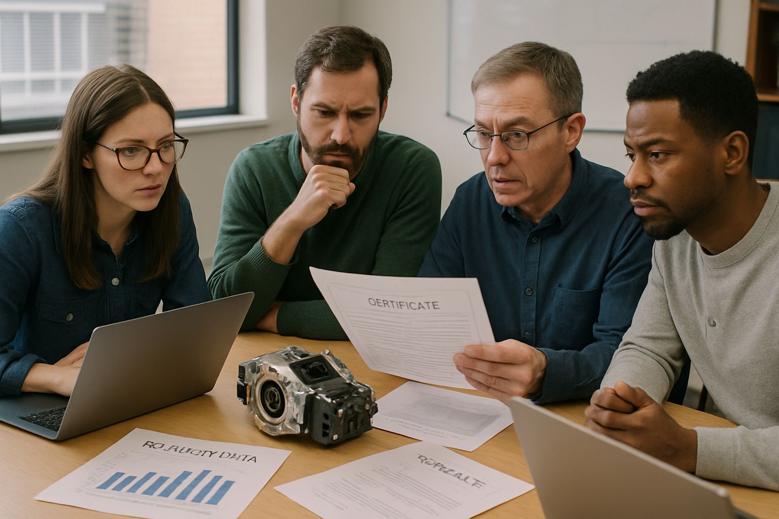 Engineers review safety data amid Hardware Reliability Crisis in robotics.