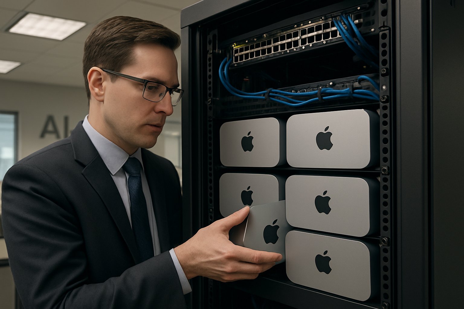 Technician deploying Mac Minis for Locally Run AI in enterprise server environment.