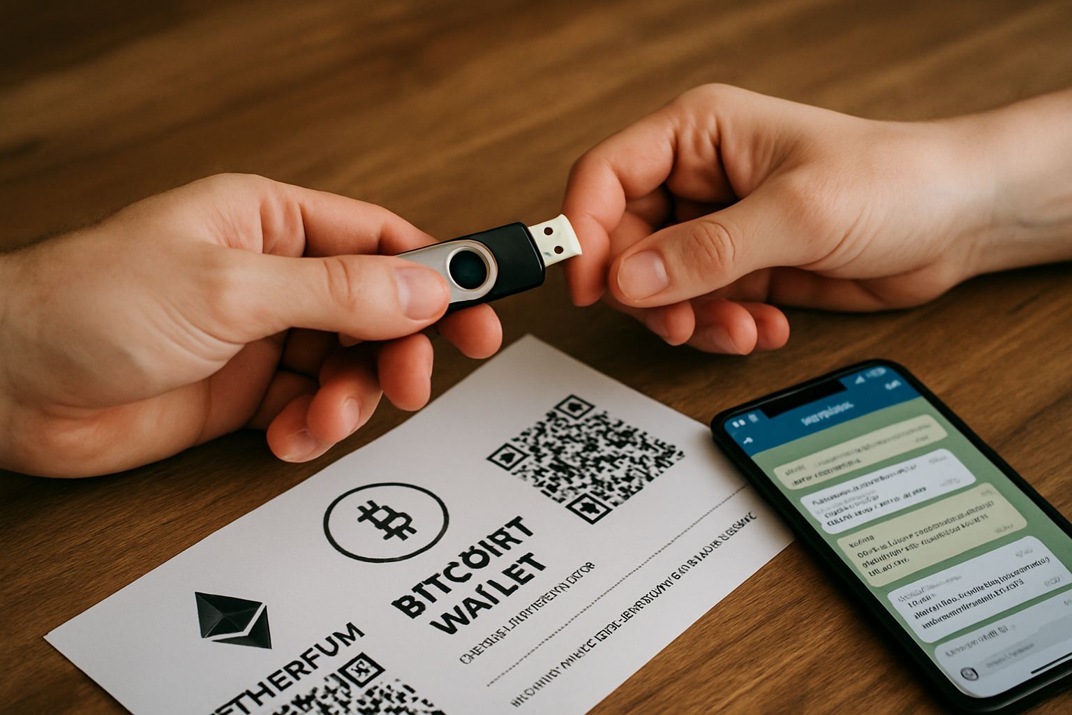 Blockchain Crime Risk exemplified by hands exchanging data and crypto via Telegram escrow.