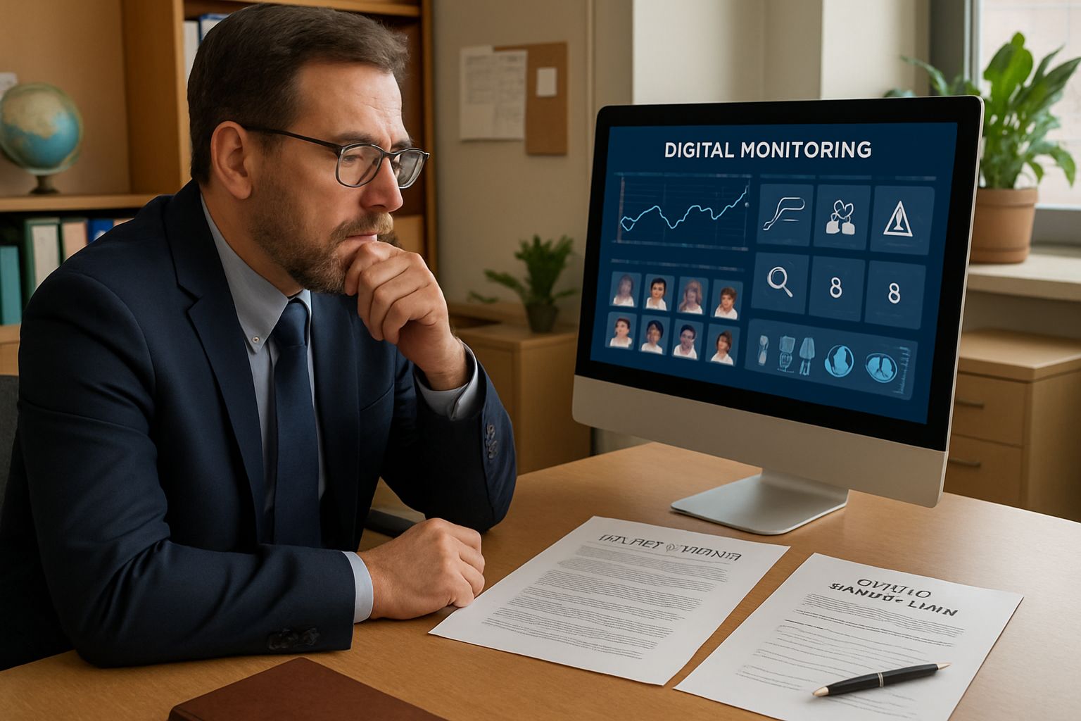 School administrator reviewing digital monitoring data and Student Surveillance Ethics materials.