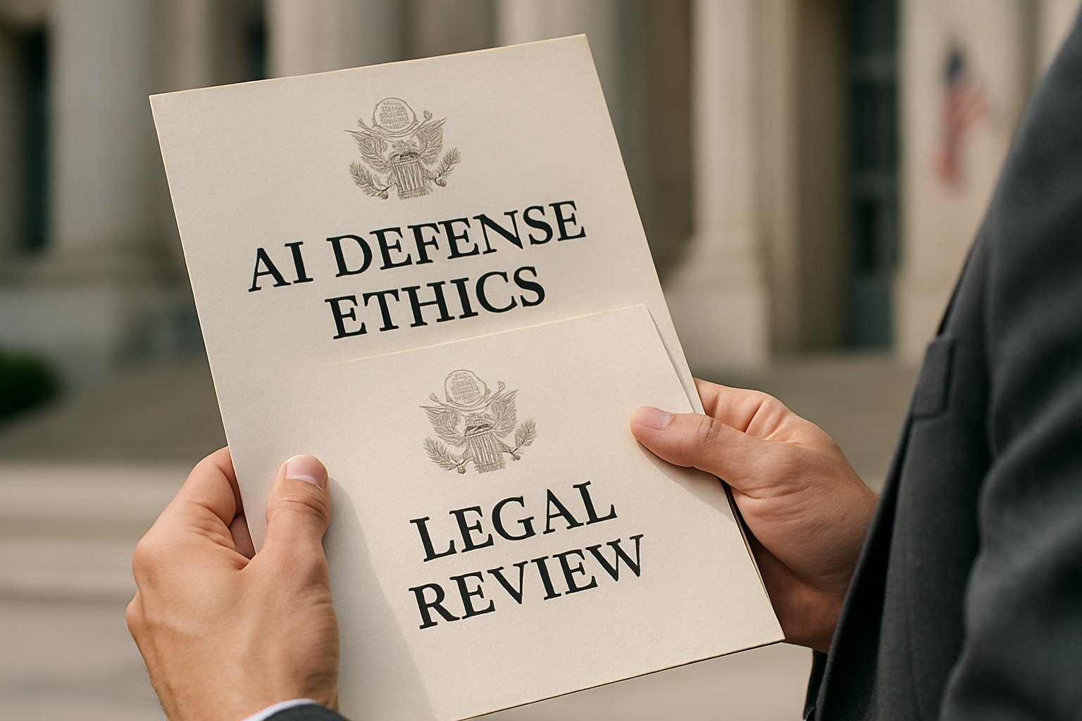Close-up of legal documents on AI Defense Ethics outside government building.