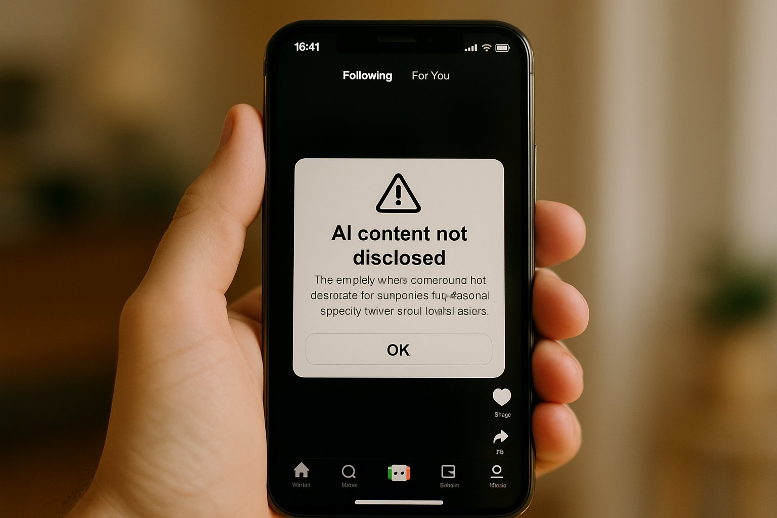 Smartphone shows TikTok Marketing Ethics Breach warning label.