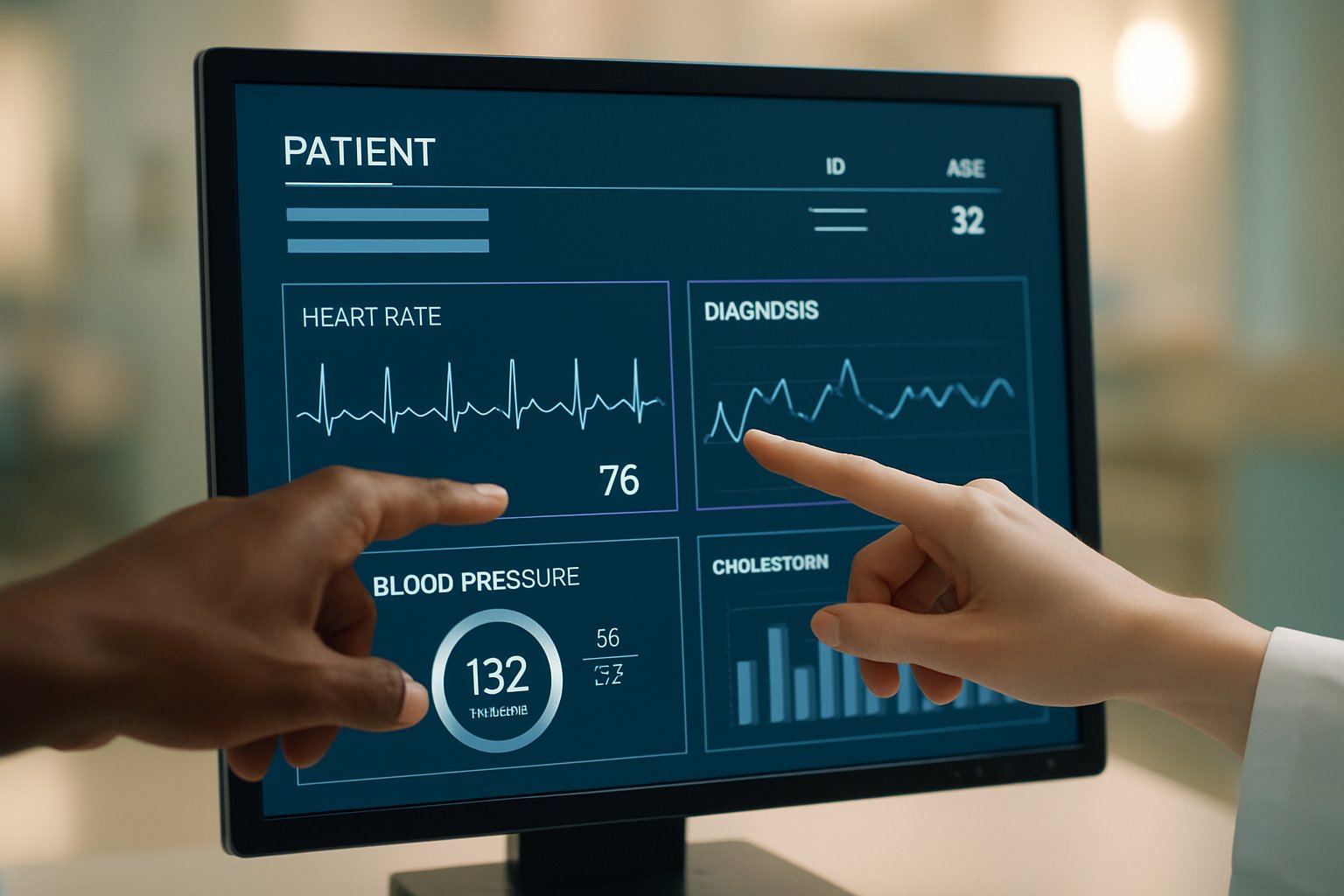 Racial Disparity Report AI triage data reviewed by diverse hands in hospital setting.