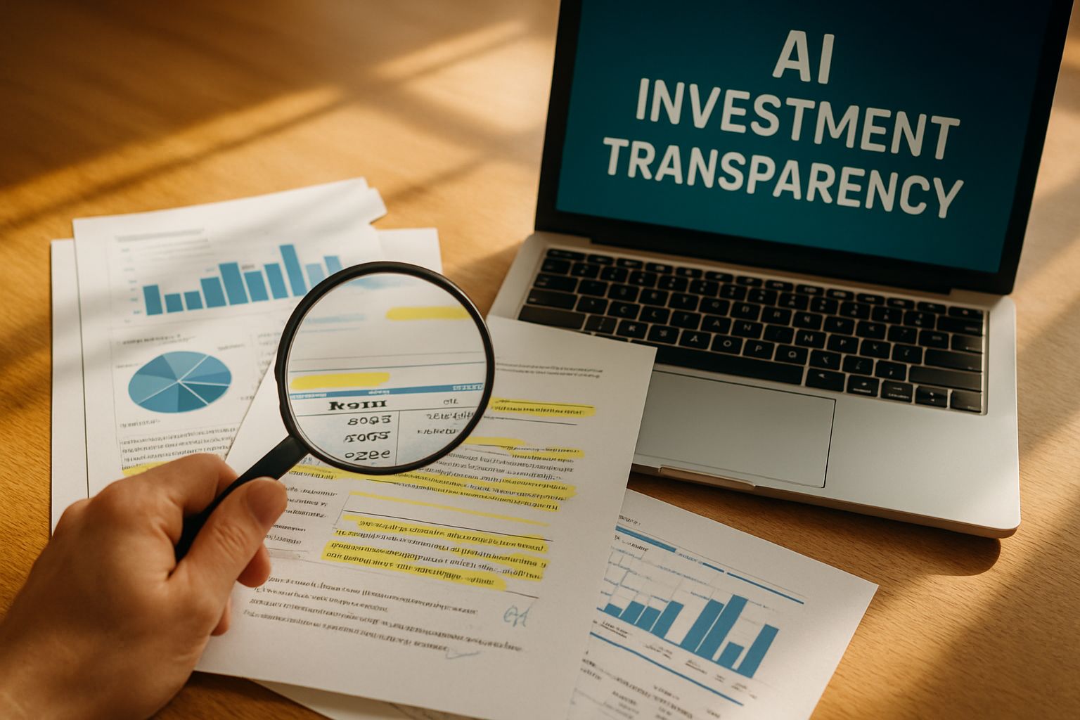 Financial reports and magnifying glass highlighting AI Investment Transparency concerns.