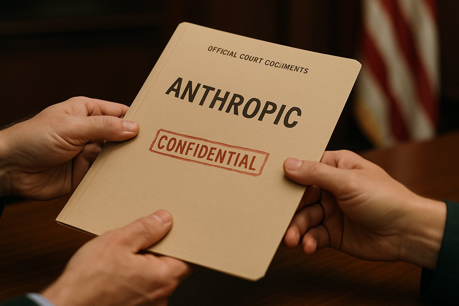 Official documents labeled Anthropic Lawsuit exchanged in a legal office.