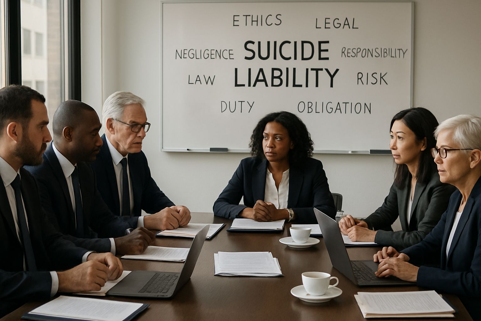 Executives discussing Suicide Liability Claim responsibilities in a corporate boardroom.