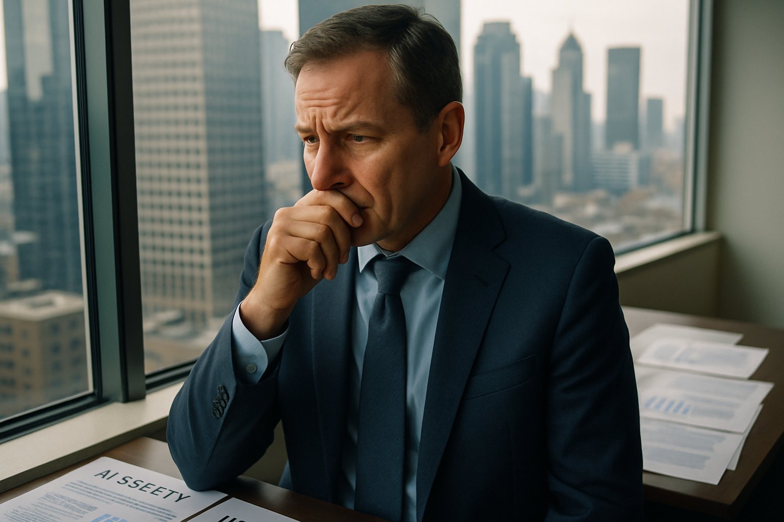 Corporate Governance Crisis shown by worried executive and AI safety documents in office.