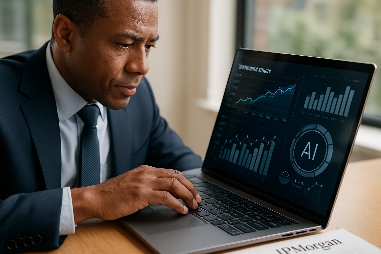 JPMorgan executive works on Financial AI Investment analysis dashboard.