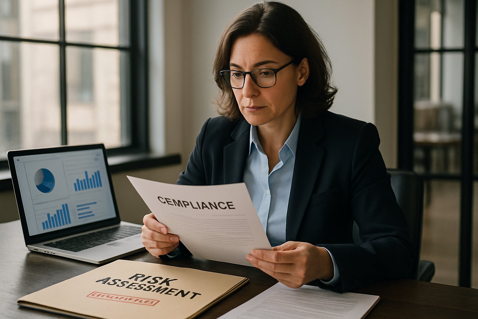 Executive Management leader reviewing AI contract compliance and risk assessment documents.