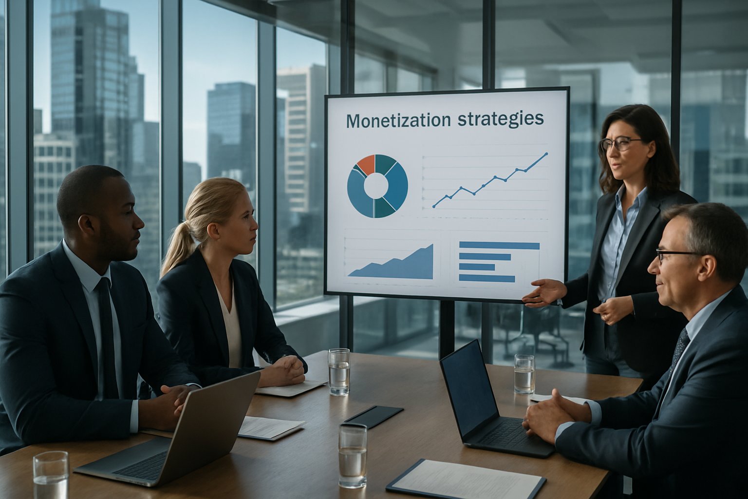 Executives discuss cloud infrastructure monetization strategies in a conference room.