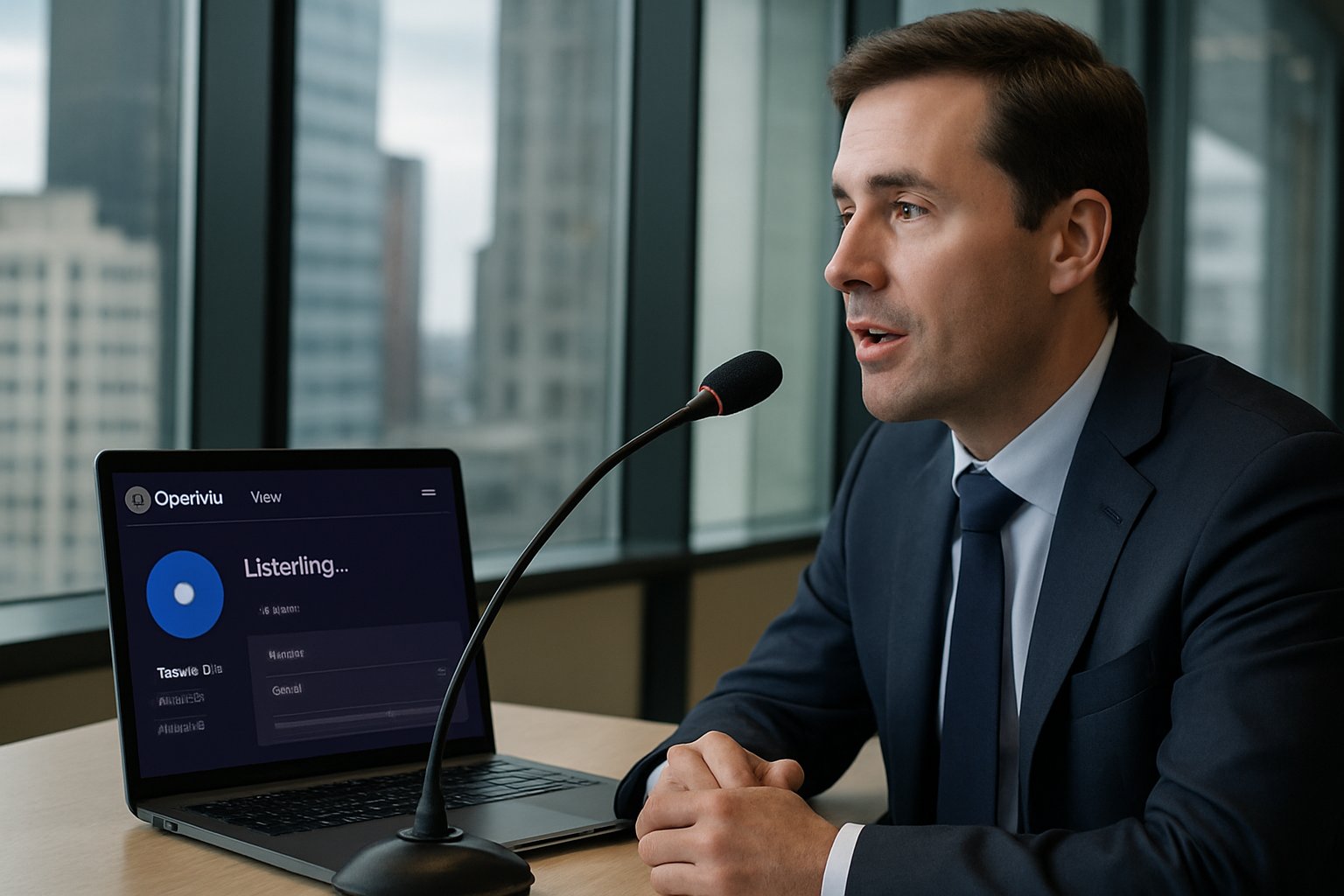 Business executive leveraging OpenAI Voice in a real office setting