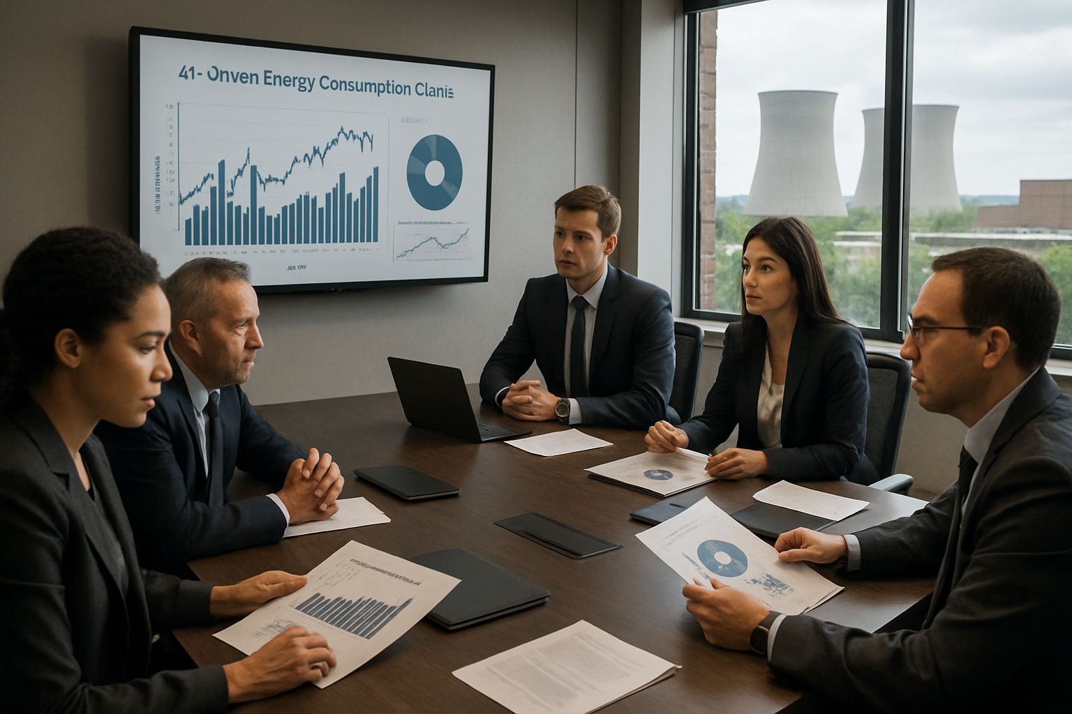 Executives discuss AI Power Demand and nuclear energy strategies in a modern office.