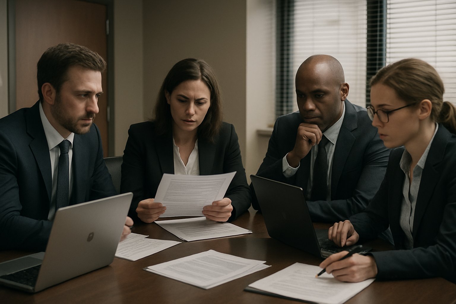 Corporate meeting during Microsoft Probe with executives discussing AI data access concerns