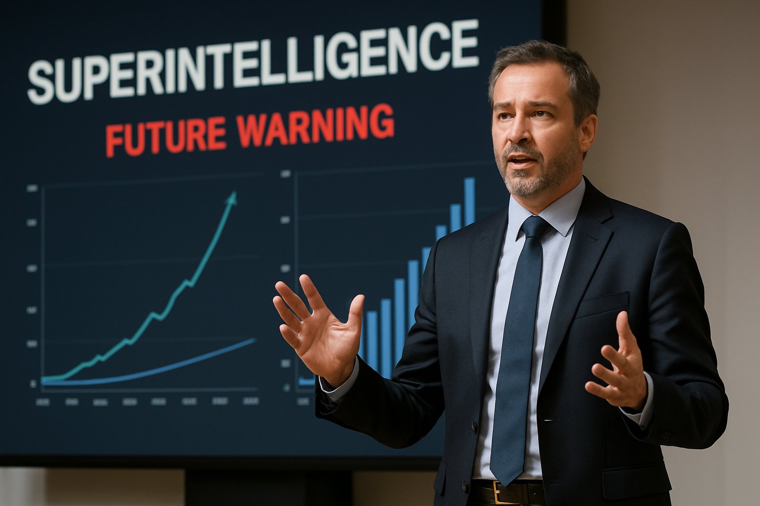 Keynote Future Warning superintelligence presentation with expert speaker and data visuals.