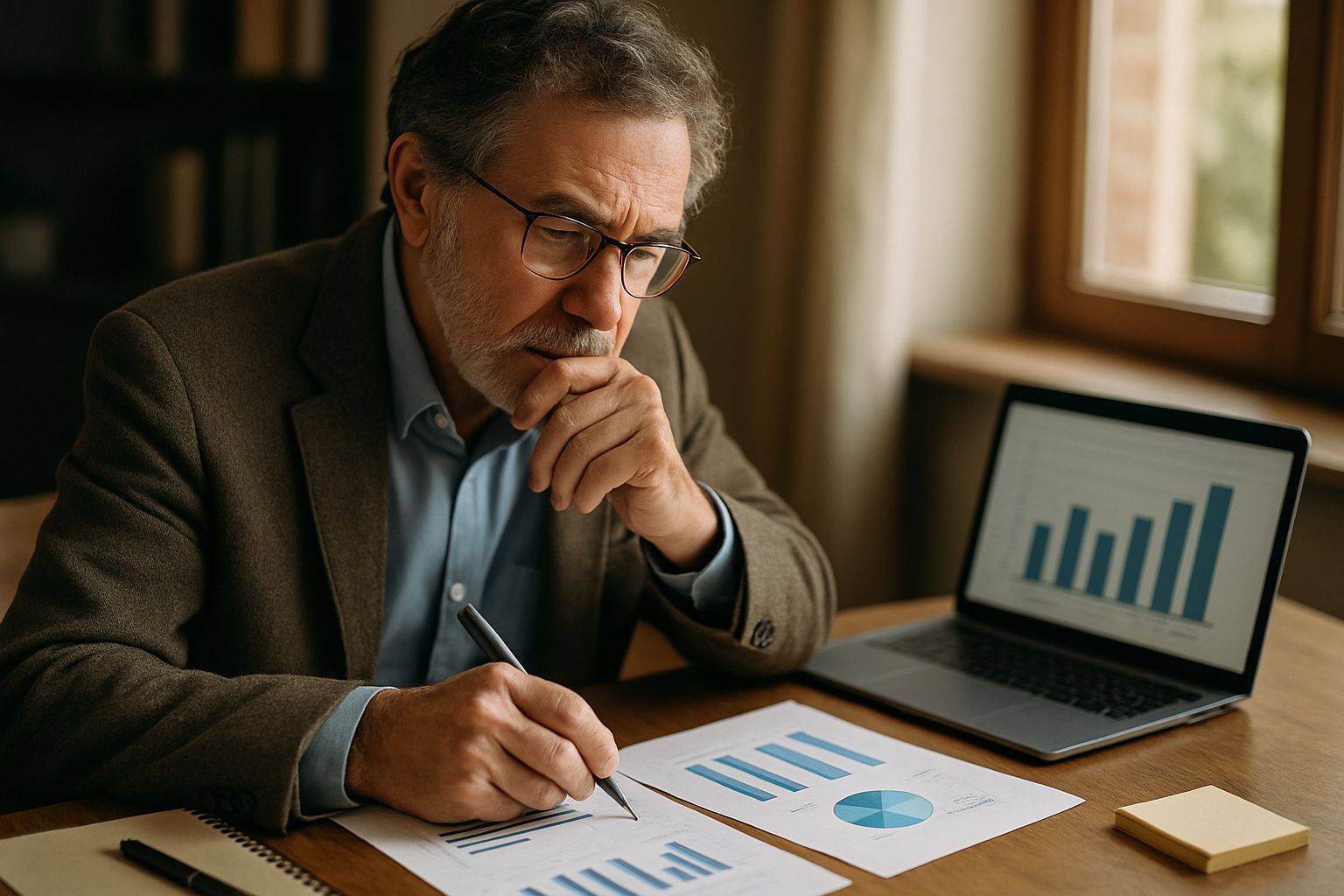 MIT economist reviews Collaborative AI productivity data at sunlit desk.