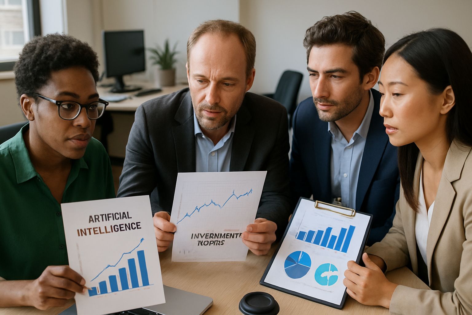 Business team reviewing AI Wealth Surge data and market trends.