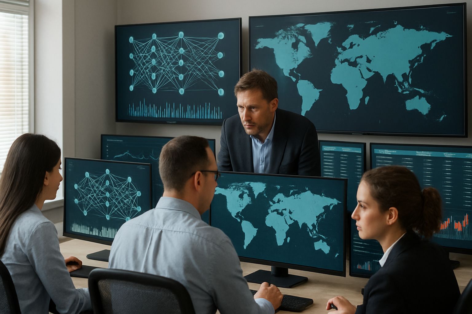 Professionals analyzing data on Artificial General Intelligence Risk in control room.